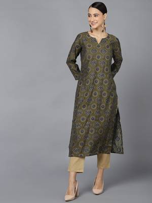 women olive silk ethnic motifs printed straight kurta 1