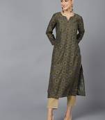 women olive silk ethnic motifs printed straight kurta