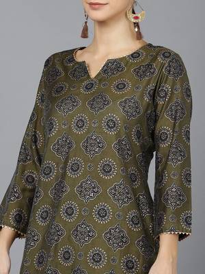 women olive silk ethnic motifs printed straight kurta 2