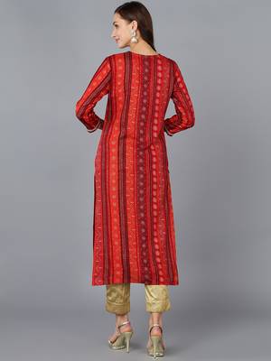 women red viscose rayon bandhani embroidered straight kurta 4