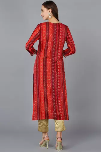 women red viscose rayon bandhani embroidered straight kurta