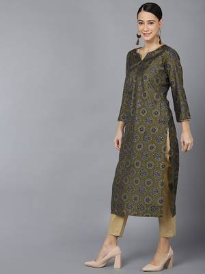 women olive silk ethnic motifs printed straight kurta 3