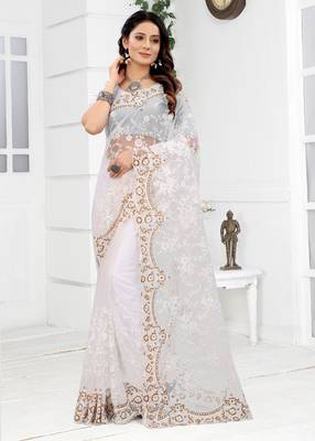 Embroidered Net Scalloped Off White Saree With Matching Blouse Piece 1