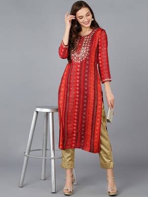 women red viscose rayon bandhani embroidered straight kurta 5