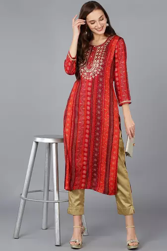 women red viscose rayon bandhani embroidered straight kurta