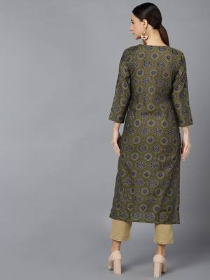 women olive silk ethnic motifs printed straight kurta 4