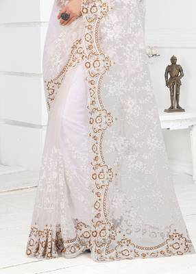 Embroidered Net Scalloped Off White Saree With Matching Blouse Piece 2