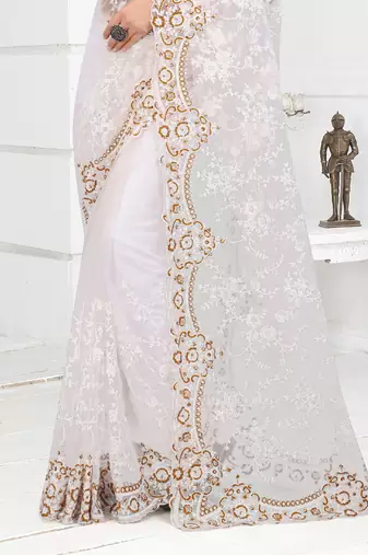 Embroidered Net Scalloped Off White Saree With Matching Blouse Piece
