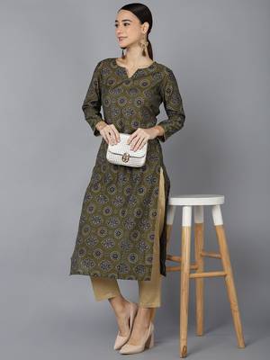 women olive silk ethnic motifs printed straight kurta 5