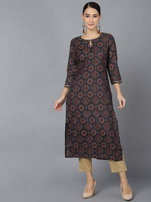 women black poly silk ethnic motifs printed straight kurta 1