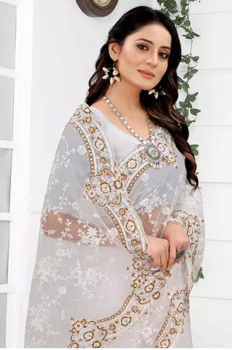 Embroidered Net Scalloped Off White Saree With Matching Blouse Piece