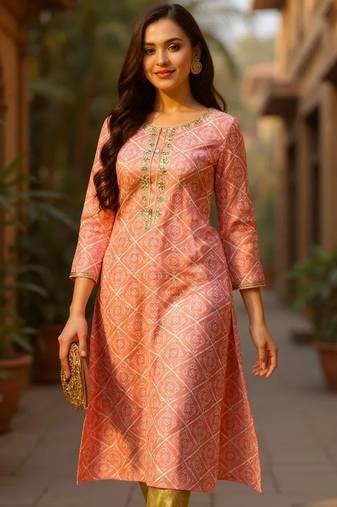 women peach cotton blend bandhani embroidered straight kurta