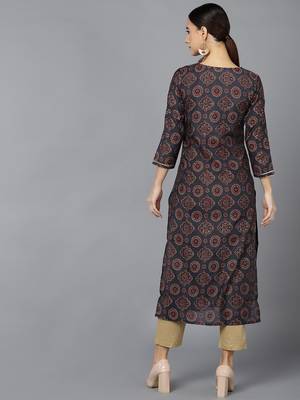 women black poly silk ethnic motifs printed straight kurta 4
