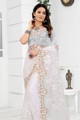Embroidered Net Scalloped Off White Saree With Matching Blouse Piece 4