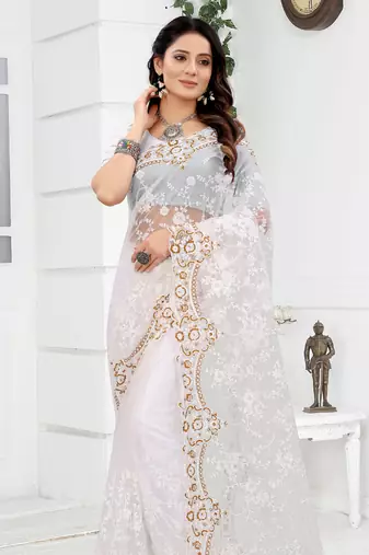 Embroidered Net Scalloped Off White Saree With Matching Blouse Piece