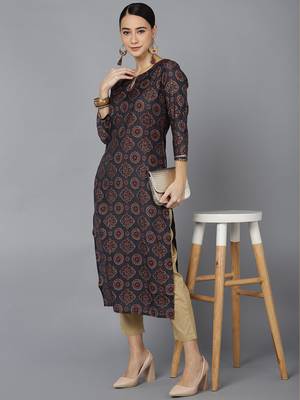 women black poly silk ethnic motifs printed straight kurta 5