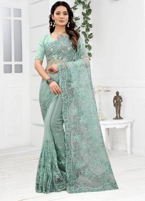 Embroidered Net Scalloped Sea Green Saree With Matching Blouse Piece 1