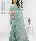 Embroidered Net Scalloped Sea Green Saree With Matching Blouse Piece