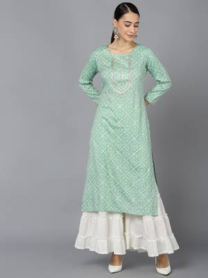 women sea green rayon blend bandhani printed straight kurta 1