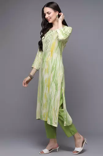 women cream viscose rayon abstract embroidered straight kurta