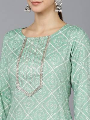 women sea green rayon blend bandhani printed straight kurta 2
