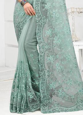 Embroidered Net Scalloped Sea Green Saree With Matching Blouse Piece 2