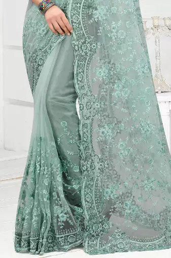 Embroidered Net Scalloped Sea Green Saree With Matching Blouse Piece