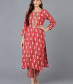 women red silk blend ethnic motifs embroidered straight kurta
