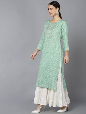 women sea green rayon blend bandhani printed straight kurta 3
