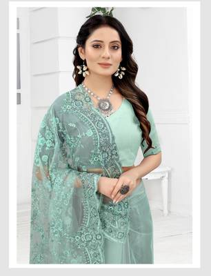Embroidered Net Scalloped Sea Green Saree With Matching Blouse Piece 3