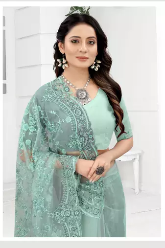 Embroidered Net Scalloped Sea Green Saree With Matching Blouse Piece