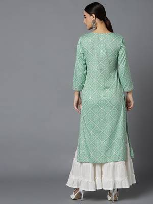 women sea green rayon blend bandhani printed straight kurta 4