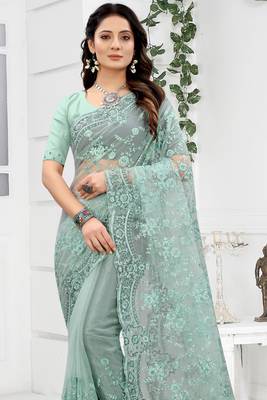 Embroidered Net Scalloped Sea Green Saree With Matching Blouse Piece 4