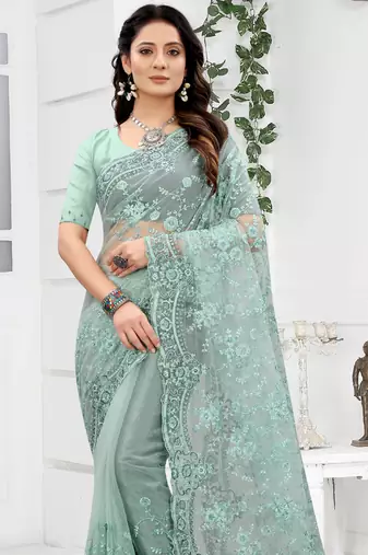 Embroidered Net Scalloped Sea Green Saree With Matching Blouse Piece