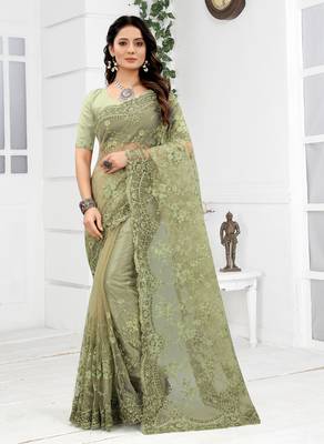 Embroidered Net Scalloped Green Saree With Matching Blouse Piece 1