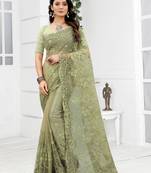 Embroidered Net Scalloped Green Saree With Matching Blouse Piece