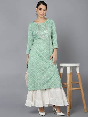 women sea green rayon blend bandhani printed straight kurta 5