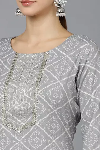 women grey rayon blend bandhani printed straight kurta