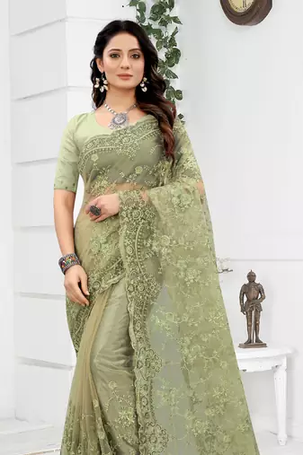 Embroidered Net Scalloped Green Saree With Matching Blouse Piece