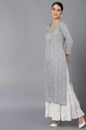 women grey rayon blend bandhani printed straight kurta