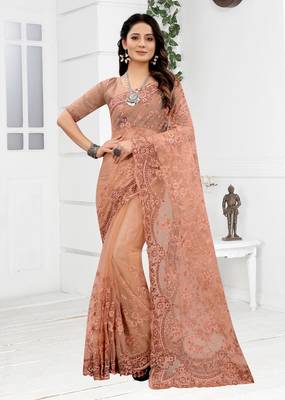 Embroidered Net Scalloped Peach Saree With Matching Blouse Piece 1