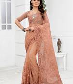 Embroidered Net Scalloped Peach Saree With Matching Blouse Piece