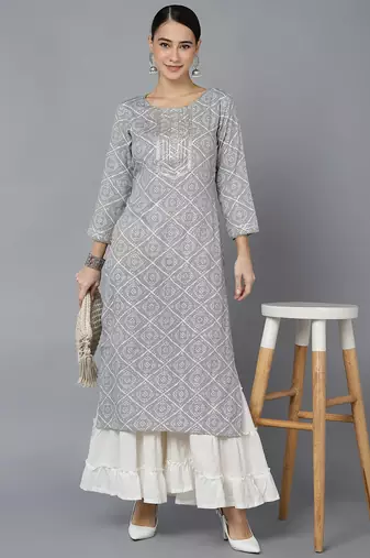women grey rayon blend bandhani printed straight kurta