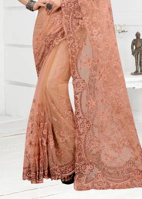Embroidered Net Scalloped Peach Saree With Matching Blouse Piece 2
