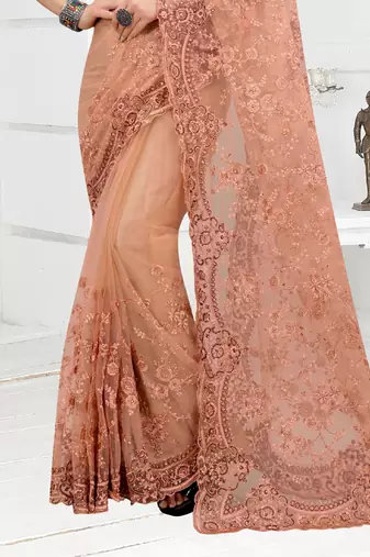 Embroidered Net Scalloped Peach Saree With Matching Blouse Piece