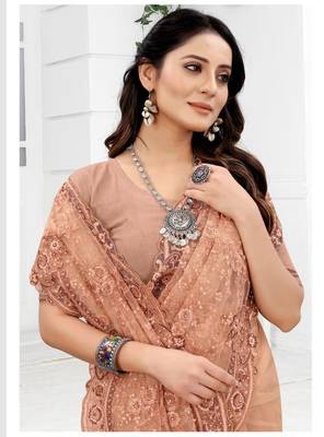 Embroidered Net Scalloped Peach Saree With Matching Blouse Piece 3