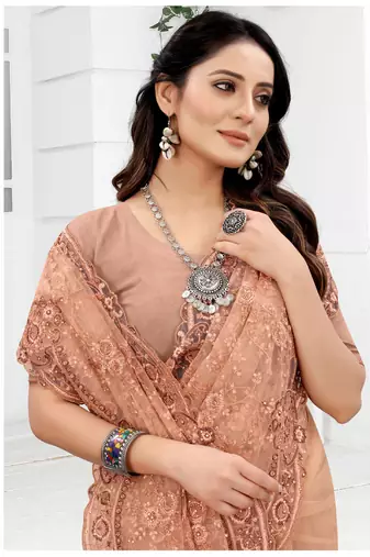 Embroidered Net Scalloped Peach Saree With Matching Blouse Piece
