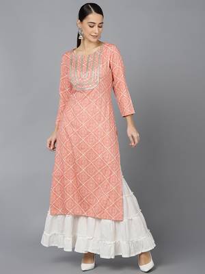 women peach rayon blend bandhani printed straight kurta 1