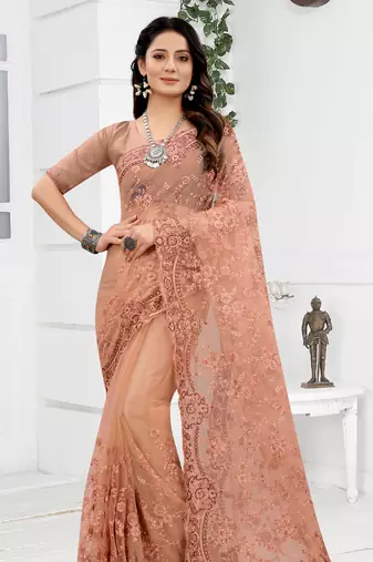 Embroidered Net Scalloped Peach Saree With Matching Blouse Piece