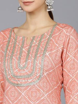 women peach rayon blend bandhani printed straight kurta 2